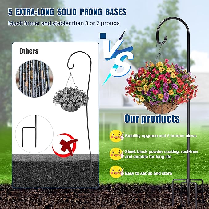 Ottsuls Bird Feeder Pole, 2 Pack 76 Inch Shepherds Hooks for Outdoor with 5 Prongs Adjustable for Hanging Lantern, Hummingbird Feeder, Plant,Garden Stake Plant Stand Hanger Weddings Décor