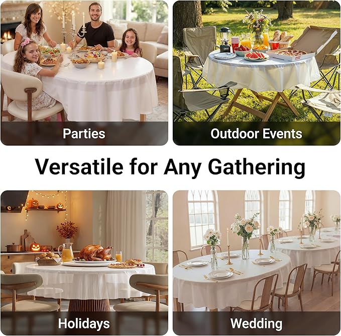 Auros Premium Plastic Tablecloths 10 Pack, 84'' Round Disposable Table Covers, Thick & Durable, Waterproof & Spill-Proof, Easy Cleanup for Parties, Wedding, Picnic, Pure White