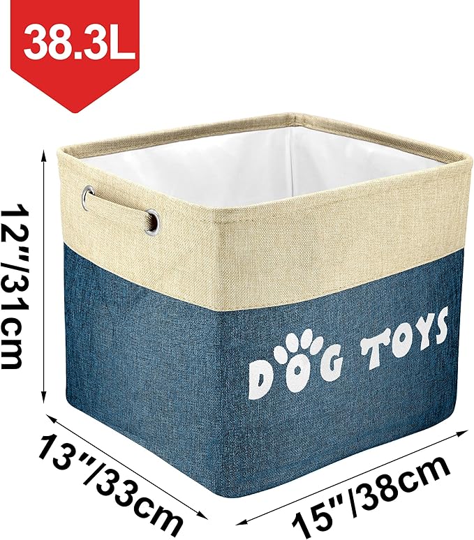 PET ARTIST Large Dog Toy Basket Bin - Rectangular Storage Box Chest Organizer for Dog Toys,Coats,Clothing,Apparel & Accessories & Blanket,Navy Blue,15"x13"x12"