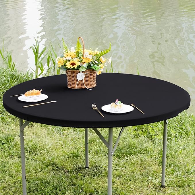 Round Fitted Table Cover Elastic Tablecloth 5ft Stretch Spandex Table Top Cover for Dining Indoor Outdoor Party Black 60 Inch