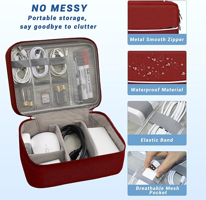 Electronics Organizer, Travel Cord Organizer Pouch, Portable Cable Organizer Bags, Waterproof Electronic Accessories Storage Case for Cables, Cords, Charger, Phone (Double Layer-Winered)