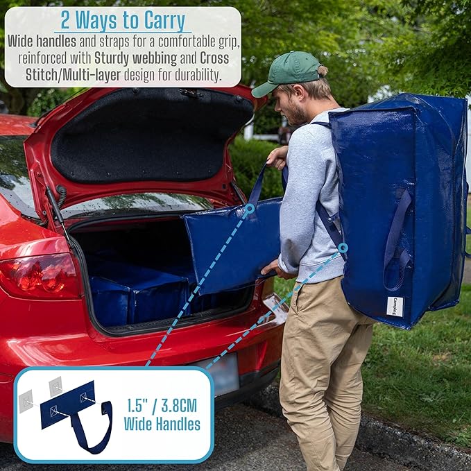 VENO 16 Pack Moving Bags w/Backpack Straps, Heavy Duty, Moving Boxes Alternative, Packing Supplies, Large Storage Totes for Dorm Room Essentials with Zipper for Clothes (Blue, 16 Pack)