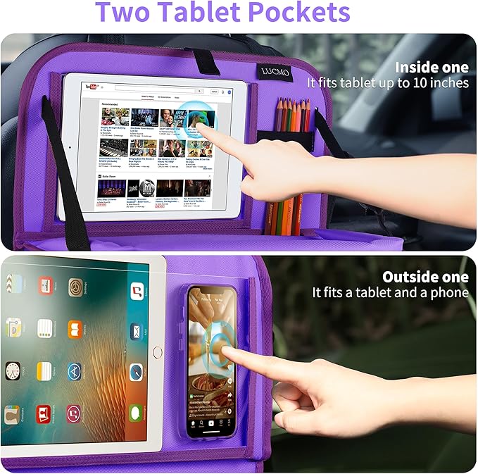 LUCMO Car Backseat Organizer with Tablet Holder, 6 Storage Pockets Car Storage Organizer with Foldable Food Tray, Seat Protectors Kick Mats Travel Accessories - Dark Purple