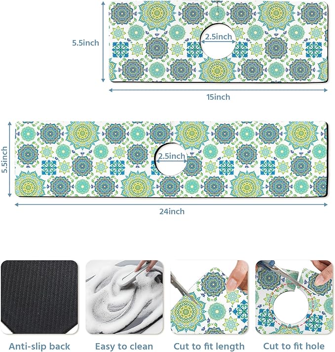 Patterned Sink Faucet Mat Kitchen Splash Guard Super Absorbent Drying Mat, Non-Slip Drain Pad for Kitchen Counter or Bathroom-24x5.5in