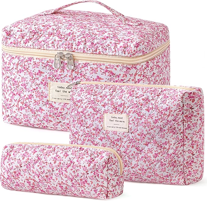 HBselect Quilted Makeup Bag, 3PCS Cotton Large Travel Makeup Bag, Cute Floral Coquette Make up Bag Cosmetic Bag Toiletry Bag for Women Girls