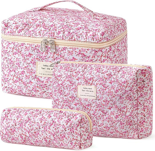 HBselect Quilted Makeup Bag, 3PCS Cotton Large Travel Makeup Bag, Cute Floral Coquette Make up Bag Cosmetic Bag Toiletry Bag for Women Girls
