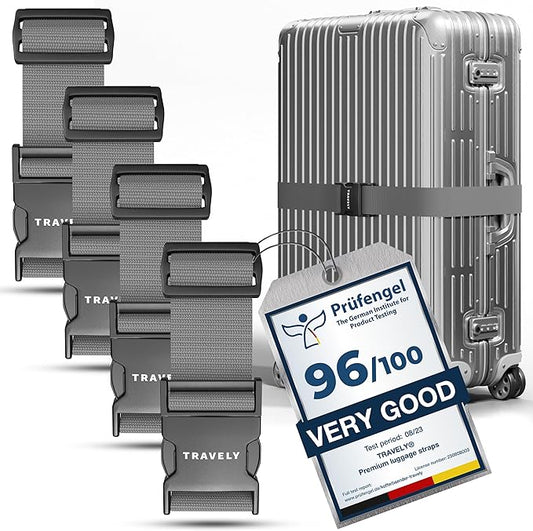 TRAVELY Luggage Straps - Particularly conspicuous & Secure - Incl. 4 Name Tags - Luggage Strap Ideal crosswise - [Set of 4]