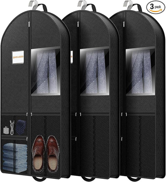 Garment Bag Travel Suit Storage: 54 Inch 3 Packs Fabric Breathable Zippered - Clothes Covers Carry Shoe Pockets Lightweight - Men Travel Wardrobe Protector Hanging Up Multiple