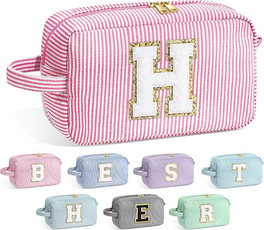 YOOLIFE Initial Makeup Bag for Women - Monogram Cute Pink Makeup Bag Cosmetic Toiletry Pouch Make Up Case for Women Her Best Friend Friendship Sister Teacher, Personalized Birthday Gifts for Women H