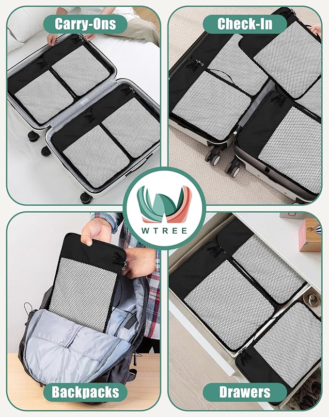 4-Piece Packing Cubes Travel Accessories Set for Suitcases - Luggage Organizer Bags with Double Zipper - Mesh Top - Medium - Black