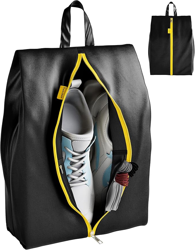 Water Resistant Travel Shoe Bags with Two Inner Pockets - Shoe Carrier Storage Cube Pouch with Zipper & Handle - Portable Shoe Bag for Gym,Traveling,Dance,Cross Country, Track & Field- Black