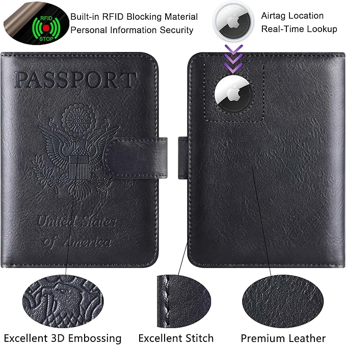 Airtag Passport Holder Cover Wallet Travel Essentials Leather RFID Blocking Case Vacation Luggage Must Haves Travel Accessories for Men Women (117#Black)
