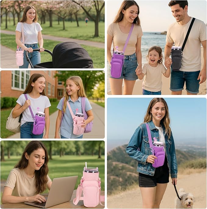&And Per Se Water Bottle Shoulder Bag for Women, Neoprene Carrier with Phone Pocket & Purple Charm, Adjustable Crossbody Strap Fits Stanley 40oz Tumblers, Gift for Her (Purple)