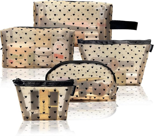 5 Pieces Mesh Heart Makeup Bags Sets, Zipper Mesh Cosmetic Bag Toiletry Bag, Travel Makeup Bags for Women, Small Items Storage Organizer Bags for Home Office Travel (Beige)
