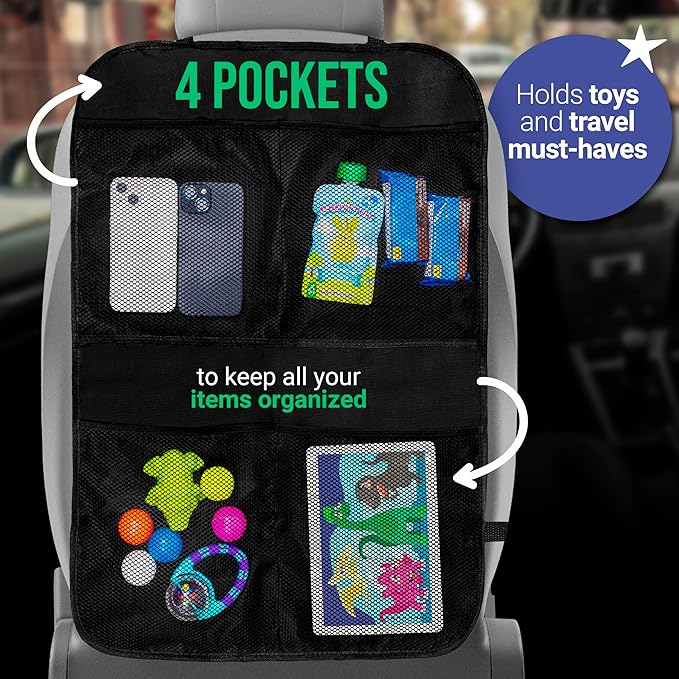 2 Pack Kick Mats Back Seat Protector - Backseat Car Organizer for Kids, Car Storage Organizer, Back Seat Cars Organizers, Cars Organizers Backs Seats, Travel Accessories, 4 Pockets