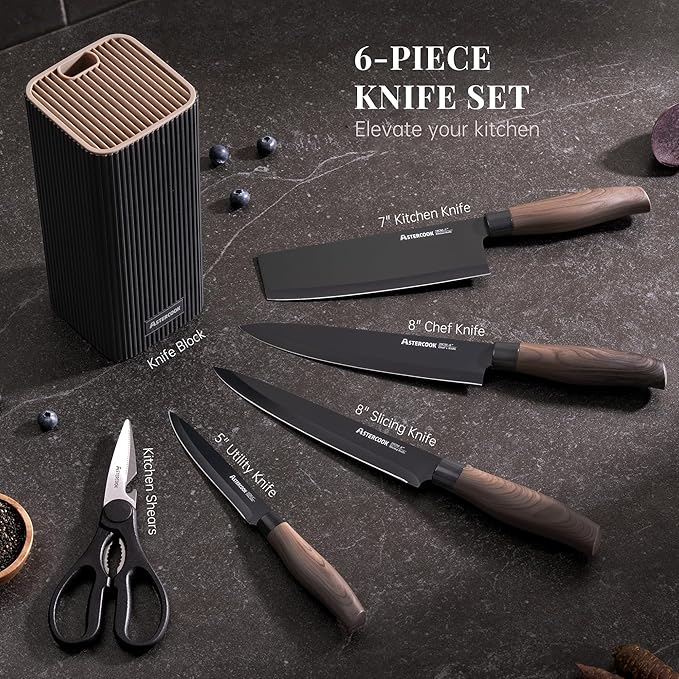 Astercook Knife Set, 6-Piece Kitchen Knife Set with Block, High Carbon Stainless Steel Ultra Sharp Kitchen Knives, Wood Grain Handle, Dishwasher Safe Knife Block Set, Black, Mothers Day Gifts