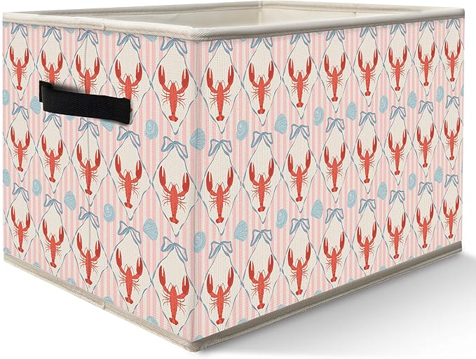 Coquette Coastal Lobster Beach Storage Bins Box with Handles, Preppy Blue Bow Seashell Collapsible Fabric Storage Basket Box Organizer for Bedroom Bathroom Clothes Toys Books