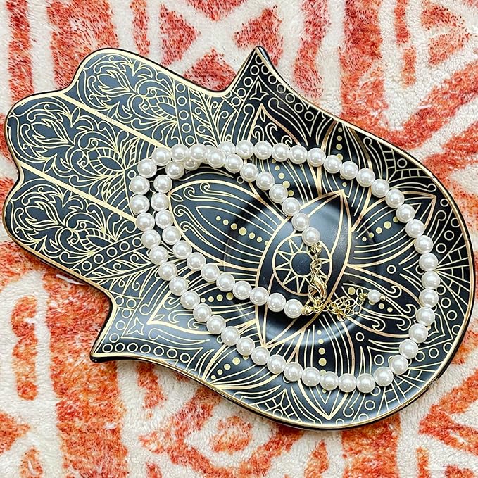 Exquisite Small Ceramic Jewelry Tray - Trinket Dish Evil Eye Decor, Gold Plate Ring Holder, Modern Boho Home Essentials, Perfume Organizer, Witchy, Aesthetic Room Decor (Black Hamsa)