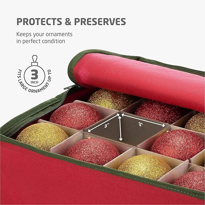 ZOBER Christmas Ornament Storage Box - Stores 64 3" Ornaments, With Dividers - Ornament Organizer Storage Box, Durable Christmas Containers Holder, Dual Zipper - Red