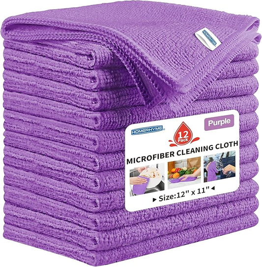 HOMERHYME Microfiber Cleaning Cloth, 12 Pack Purple Cleaning Rags, 12" x 11" Lint Free Dish Towels Wash Cloths, Reusable Microfiber Towels for Home and Kitchen Bathroom Apartment Cleaning Supplies