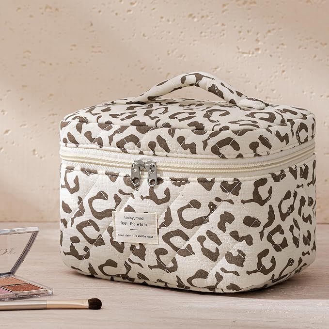 HBselect Quilted Makeup Bag, 3PCS Cotton Large Travel Makeup Bag, Cute Floral Coquette Make up Bag Cosmetic Bag Toiletry Bag for Women Girls