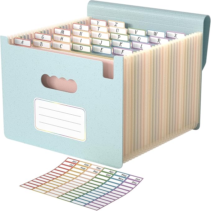 ABC life 26 Pockets Accordion File Organizer, High Capacity Expanding File Folder for Letter A4 Size, Portable Document Holder with A-Z Tabs for Tax Receipt, Teacher & Home Office - Dusty Blue