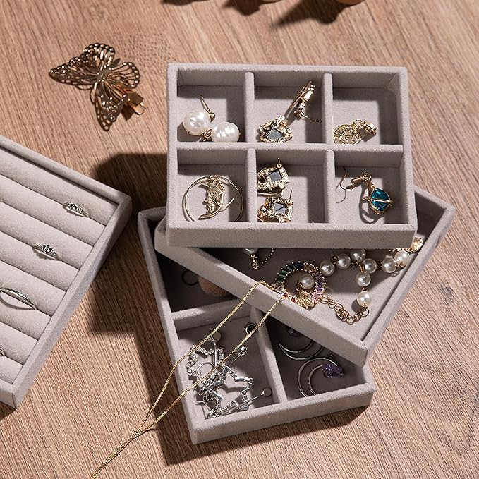 Frebeauty Small Jewelry Tray Set,Stackable Velvet Jewelry Organizer Tray,Mini Jewelry Drawer Organizer,Drawer Inserts,4.92 x 3.74 x 0.9 Inches,4 Grid Earring Organizer for Women(Set 2,White)