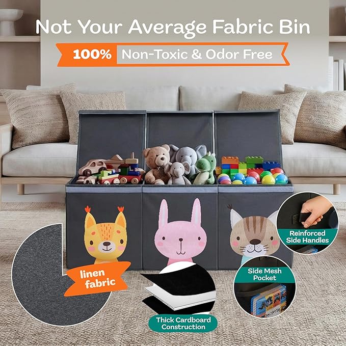 Extra Large Toy Storage Organizer with Lid - Sturdy, Collapsible Toy Chest Storage Box with Cute Design - Toys Bin with Dividers for Kids, Boys, Girls, Nursery, Bedroom, Play room 37"x16"x14"