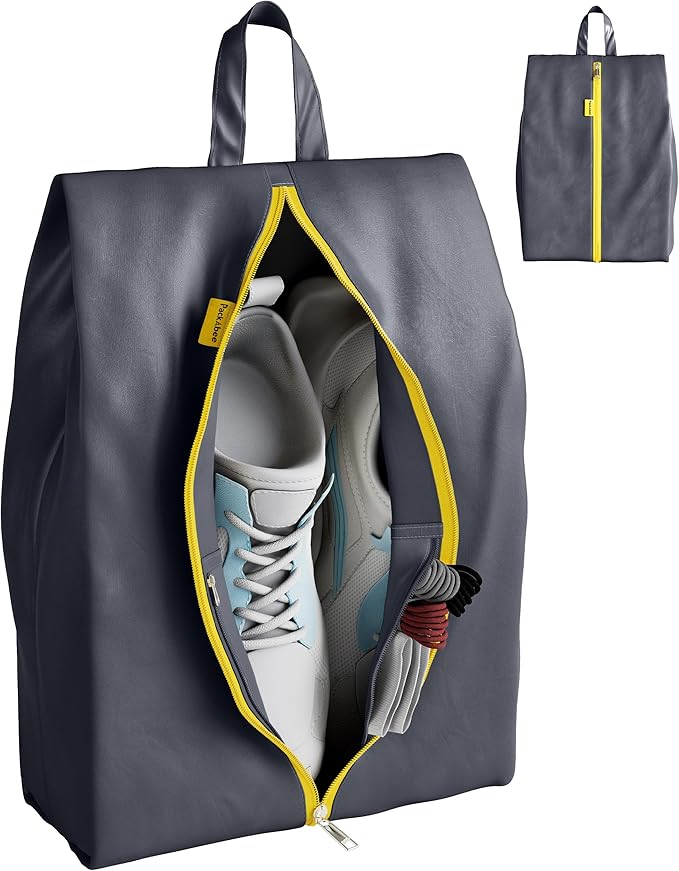 Water Resistant Travel Shoe Bags with Two Inner Pockets - Shoe Carrier Storage Cube Pouch Pack with Zipper & Handle - Portable Shoe Bag for Gym, Traveling, Dance, Track & Field - Grey