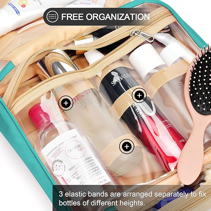 Travel Hanging Toiletry Bag for Women and Men, with 8 Leak Proof Silicone Bottle Covers, Waterproof Makeup Accessories, Cosmetic Essentials, Toiletries Dopp Kit Set with Jewelry Organizer, Blue