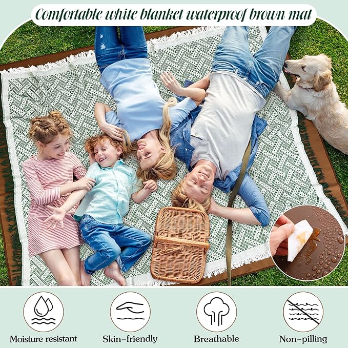 VitalCozy Waterproof Picnic Blankets Outdoor Blanket Foldable 2-in-1 Double Layer Sandproof Beach Mat with Carry Strap for Camping Lawn Park Beach Grass (Green White)