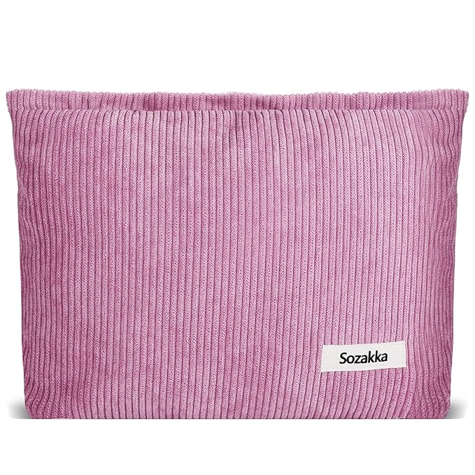 ZLFSQR Corduroy Makeup Bag for Women Small Corduroy Cosmetic Bag Large Cute Travel Makeup Pouch for Purse Flesh Pink Cloth Cosmetic Pouch Zipper Storage Organizer Canvas Toiletry Bags