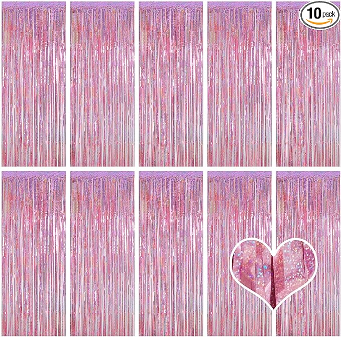 10 Pack Pink Backdrop Curtain 3.2ft x 8.2ft Metallic Tinsel Foil Fringe Curtains Photo Booth Background for Birthday Party Decoration Baby Shower Engagement Wedding Christmas Decoration