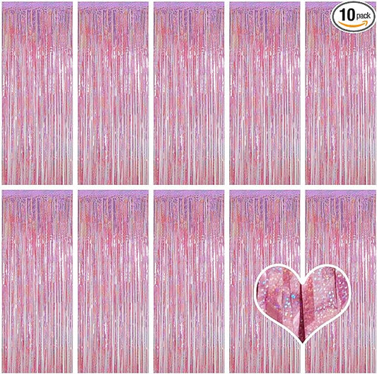10 Pack Pink Backdrop Curtain 3.2ft x 8.2ft Metallic Tinsel Foil Fringe Curtains Photo Booth Background for Birthday Party Decoration Baby Shower Engagement Wedding Christmas Decoration