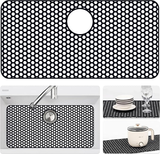 Silicone Sink Protectors for Kitchen Sink with Rear Drain - 28.3"x 15.7" Kitchen Protector Accessory, Non-Slip Heat Resistant Mat for Bottom of Farmhouse Stainless Steel (Rear Hole, Black)