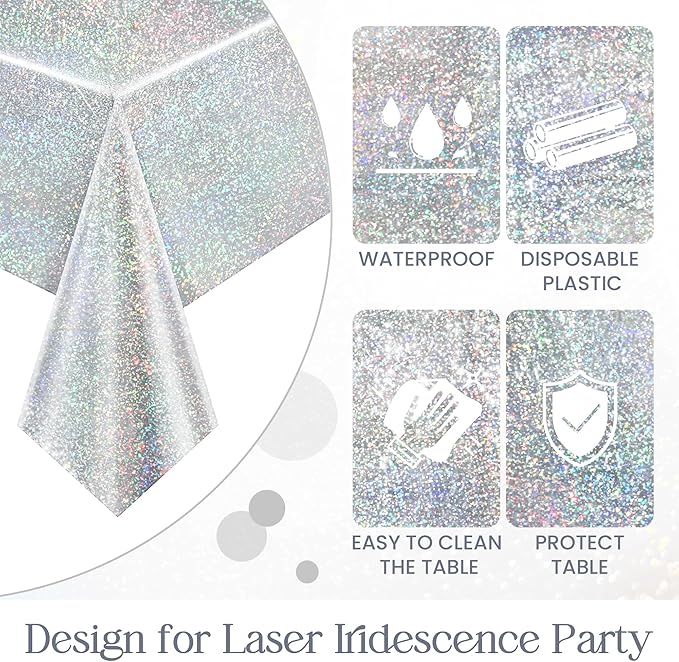 Just Shimmer Sparkling Holographic Laser Tablecloth - Shimmering, Waterproof, Easy to Clean - Ideal for Bachelorette, Mermaid, Birthday, Wedding, and Anniversary Party Decorations (Gold & Silver, 2)