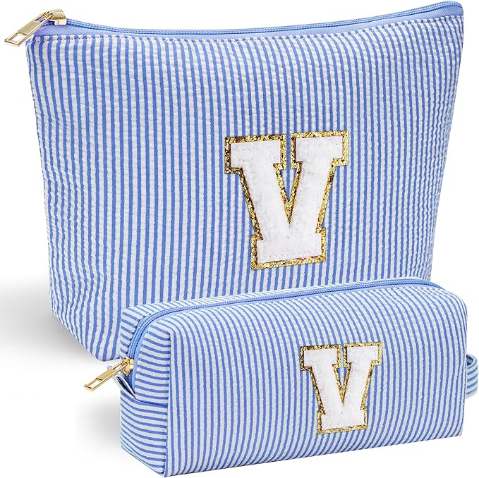 YOOLIFE Initial Makeup Bag Gifts - 2 Pieces Make Up Bag Makeup Pouch Travel Makeup Bag Cosmetic Bags for Women Makeup Organizer Bag Small Makeup Brush Bag Women Gifts Daughter Gifts for Women Letter V