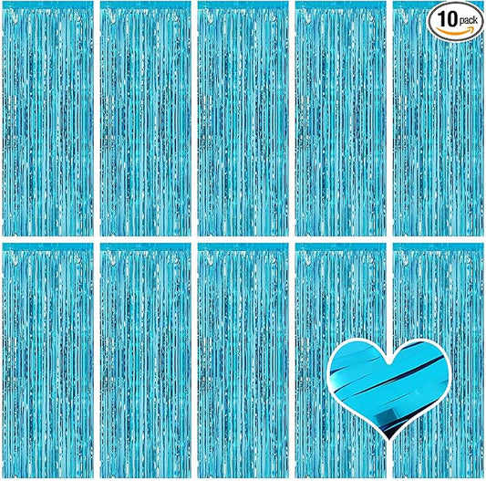 10 Pack Teal Blue Backdrop Curtain 3.2ft x 8.2ft Metallic Tinsel Foil Fringe Curtains Photo Booth Background for Birthday Party Decoration Baby Shower Engagement Wedding Christmas Decoration