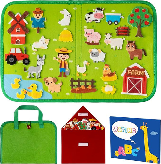WATINC Travel Felt Board Story Set - 25PCS Portable Felt Board Educational Birthday Gift for Boys & Girls, Themed Storytelling Preschool Early Learning Interactive Play Kit for Toddlers (Farm Animals)