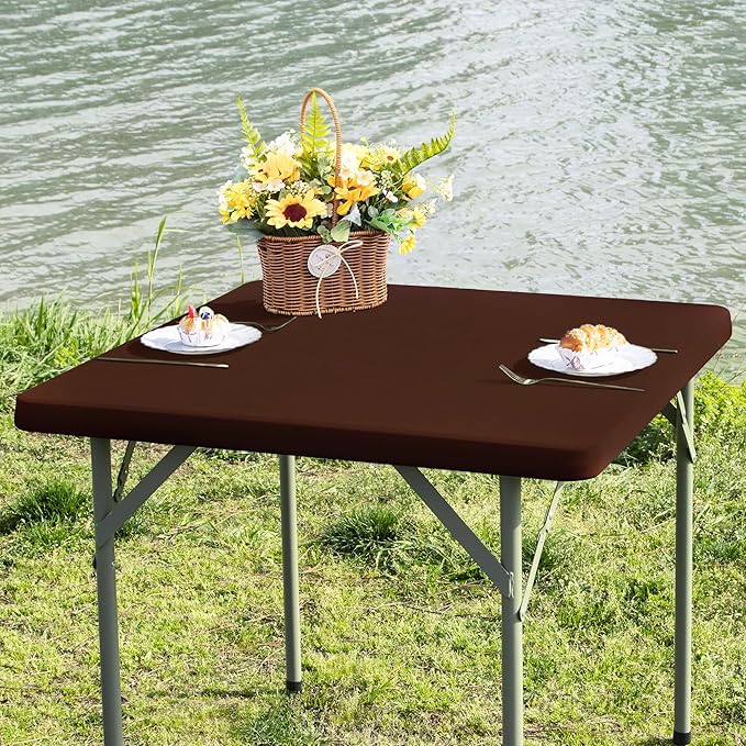 Square Fitted Table Cover Elastic Tablecloth Stretch Spandex Table Top Cover Table Topper Cap for Dining Kitchen Home Party Brown 34X34 Inch