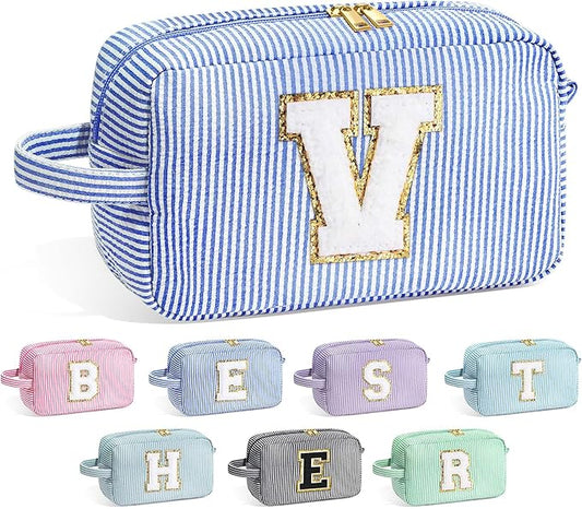 YOOLIFE Blue Cosmetic Travel Makeup Bag - Monogram Cute Initial Makeup Bags Cosmetic Toiletry Pouch Make Up Case for Women Her Best Friend Friendship Teacher, Personalized Birthday Gifts for Women V