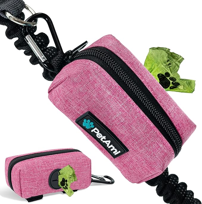 PetAmi Dog Poop Bag Holder for Leash, Dog Treat Pouch Leash, Pet Waste Bag Dispenser with Clip, Doggy Puppy Walking Accessories Supplies with 1 Dog Bag Roll (Pink, 1 Pack)