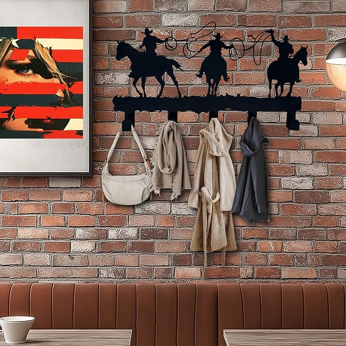 Western Cowboy Coat Hooks - Wall Art Decor and Key Holder, Clothes, Hat, and Backpack Hanger, Sweet Home Storage Decor for Entryway, Hallway, Office, Kitchen, and Living Room