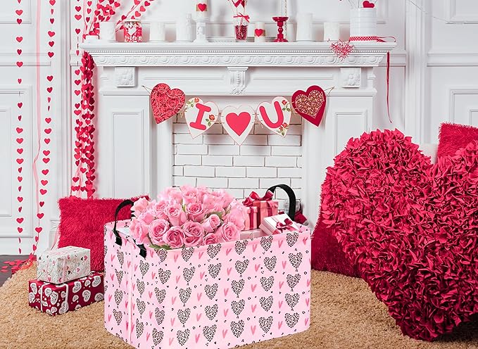 Rec Heart Print Box Hamper Storage Basket Collapsible Organizer Bin Gift Shelf Baskets for Home and Kitchen Storage