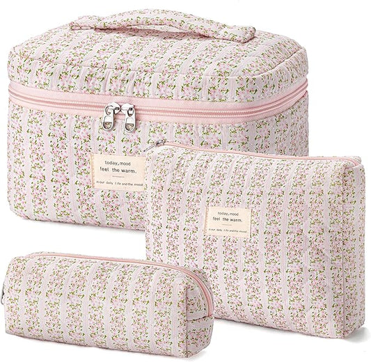 HBselect Quilted Makeup Bag, 3PCS Cotton Large Travel Makeup Bag, Cute Floral Coquette Make up Bag Cosmetic Bag Toiletry Bag for Women Girls