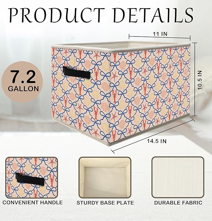 Coquette Blue Bow Beach Storage Bins Box with Handles, Coastal Preppy Lobster Starfish Seashell Collapsible Fabric Storage Basket Box Organizer for Bedroom Bathroom Clothes Toys Books