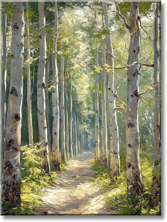 White Birch Tree Wall Art Green Forest Canvas Painting Prints Nature Scenery Landscape 3D Textured Picture for Bathroom Bedroom Living Room Wall Decor Modern Home Office Artwork Framed 12x16 Inch