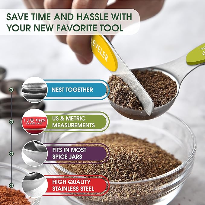 Spring Chef Stainless Steel Magnetic Measuring Spoons Set with Strong Magnets, Heavy Duty Metal Kitchen Essentials - Fits in Most Kitchen Spice Jars, Multicolor, Set of 8 with Leveler