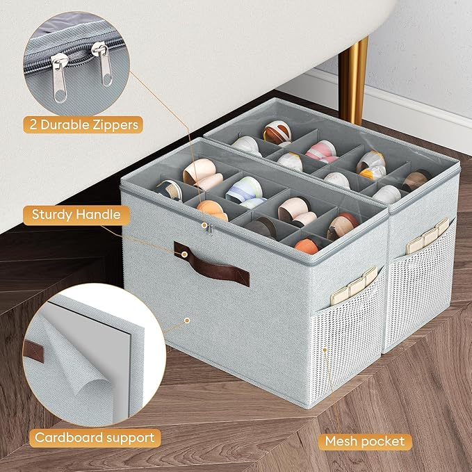 Budding Joy 2 Pack Shoe Organizer for Closet, Clear Foldable Shoe Storage Containers Adjustable Dividers Fits 16 Pairs, Shoe Storage Bins Baskets Boxes with Reinforced Handles Light Grey