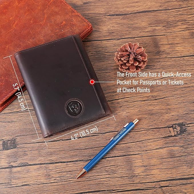 STAR VISTA Domenico Full Grain Leather Pilot Passport Wallet, Trifold Travel Document Organizer with RFID Blocking, Transparent Doc & Dual ID Windows, AirTag Slot, Pen & Travel Notebook